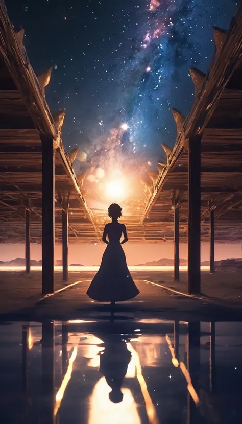 masterpiece, original, From behind, whole body, バレリーナのsilhouette, Ballet poses, Aim for the stars, Starlight reflecting at your feet, Salt Flats Environment, princess, Sundress, Porcelain Skin, Long, hanging hair, Shimmering iridescent hair, Race trajector...