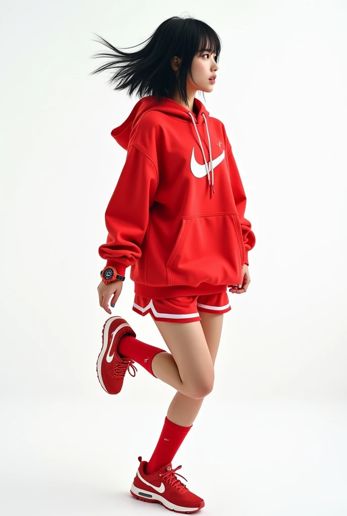 live-action、Real、Beautiful Japanese women like Minami Hamabe、red nike hoodie、Shorts、Red G-Shock、Nike red sneakers、Knee socks、Black Hair、Short Bob Hair、Hair blowing in the wind、dash、Dynamic pose、Dynamic facial expression、profile、White background