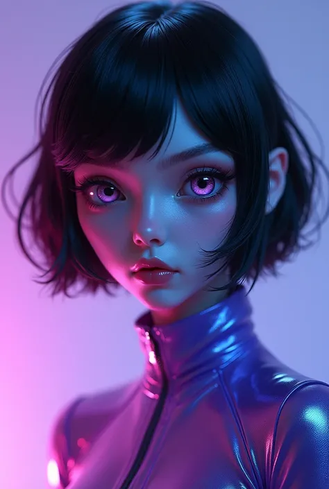 This is a digital artwork of a person with a stylized, futuristic aesthetic. The individual has short, dark hair and is wearing what appears to be a violet garment with a glossy texture. The persons skin has a reflective quality like glossy white porcelain...