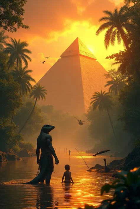 Beautiful sunset in the Amazon rainforest full of golden pyramids,  at the tip a crystal tip. 
Slender warrior reptilian fishing in the forest with his reptilian children In the sky flying dinosaurs pterosaur and long necks brachiosaurus dinosaurs coming o...