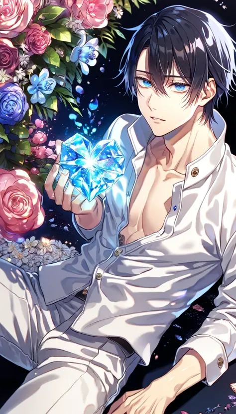 absurdres, highres, ultra detailed, HDR, master piece, Okkotsu Yuuta, black hair, expressive dark blue eyes, unbutton shirt, white jacket with trimming, white pants, Jujutsu Kaisen, sexy man sitting, handsome, best quality, crystal heart, flowers, fantasy,...