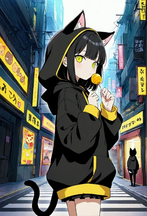 a girl in a black hoodie eating a cookie, lollipop, cyberpunk anime girl in hoodie, wearing a black hoodie, black hoodie, wearing a yellow hoodie, dressed black hoodie, wearing an oversized hoodie, girl wearing hoodie, oversized hoodie, boy with cat ears a...