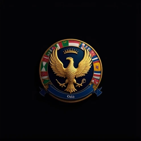 A round shield with a black background, with Latin American flags and the flag of Spain around in the center a golden phoenix below a blue ribbon with the name ODI 