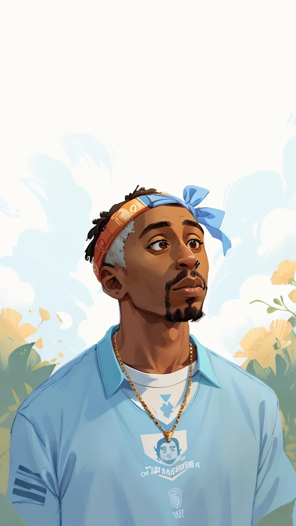 araffe wearing a blue shirt and a bandana looks up at the sky, tupac shakur, 8k resolution. tupac, tupac, tyler the creator, taken in the early 2020s, raytrayced, masterpice, art masterpice, playboi carti portrait, high quality portrait, childish, playboi ...