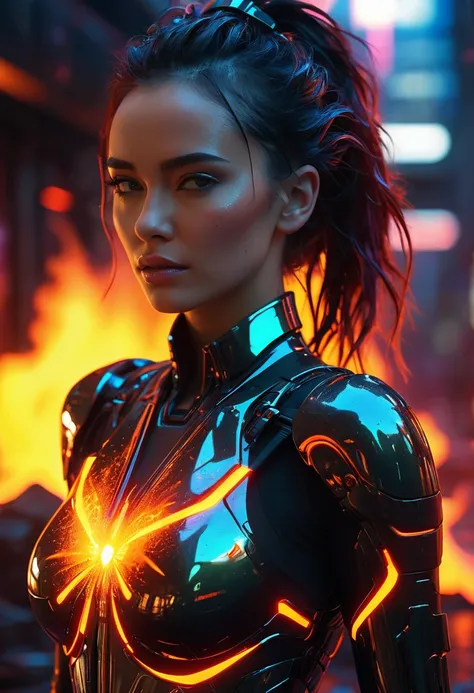 beautiful woman, cybernetic body, magma neon glow, magma splash, futuristic, cinefilm, best quality, 4k, 8k, highres, masterpiece:1.2, ultra-detailed, realistic, photorealistic, photo-realistic:1.37, HDR, UHD, studio lighting, ultra-fine painting, sharp fo...