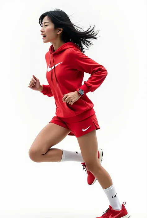 live-action、Real、Beautiful Japanese women like Minami Hamabe、red nike hoodie、Shorts、Red G-Shock、Nike red sneakers、Knee-high socks、Black Hair、Short Bob Hair、Hair blowing in the wind、Sprint、Dynamic pose、Dynamic facial expression、profile、White background