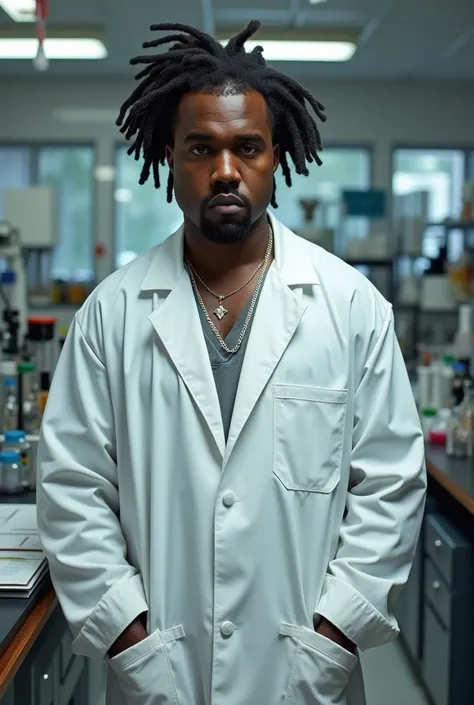 Kanye West in a scientist&#39;s lab coat with loose hair