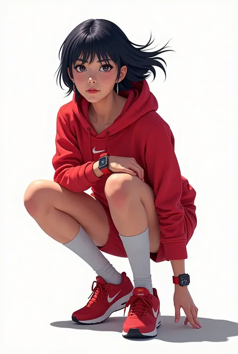 live-action、Real、Beautiful Japanese women like Minami Hamabe、red nike hoodie、Shorts、Red G-Shock、Nike red sneakers、Knee-high socks、Black Hair、Short Bob Hair、Hair blowing in the wind、Crouching Start、Dynamic pose、Dynamic facial expression、profile、White backgr...