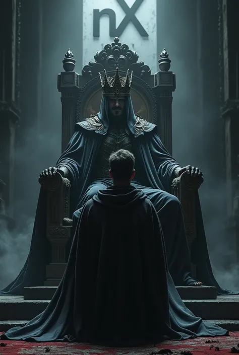 Create a king of darkness with a crown on the throne and behind the king are the letters "NX" and in front of the king there is a man kneeling holding a torn flag with the words "Of Ban"