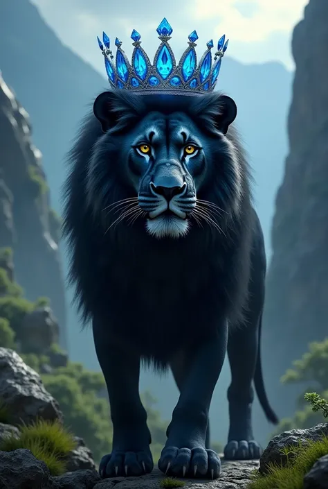 Black lion wearing a blue diamond crown 