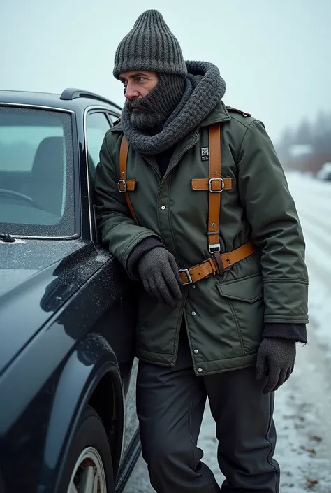 balaclava-wearing trapper leaning against an audi