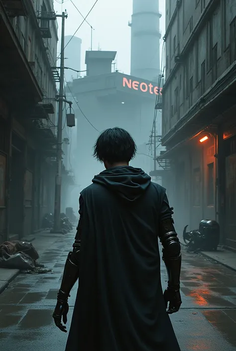 Kai sneaks between the alleys*, wearing rebel clothes and a cybernetic arm short black hair a hooded cape. He carries with him a compact hacking device, while observing a Neotek warehouse from afar. Robotic guardians watch over the site.
