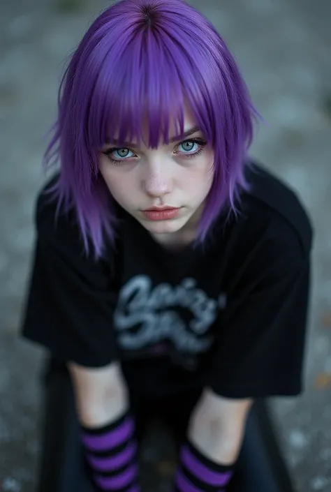 Close-up of a work of art (short hair) (purple hair color) (straight hair) (emo) (black clothes) (short-sleeved shirt) (sign on a skull t-shirt) (little black pants) (purple and black striped long socks) (black lace-up shoes)