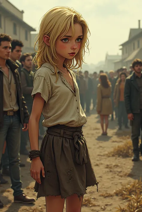 Reference to the hunger games, blonde girl, in a skirt and dirty clothes crying in the distance in a crowd at a harvest, watching a girl from behind in American comic style, dystopian world 