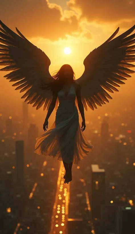 a beautiful female angel figure floating gracefully over a glowing golden night cityscape, her dark wings outstretched in a protective pose, serene and watchful expression, dramatic lighting and atmosphere, intricate detailed rendering, cinematic compositi...