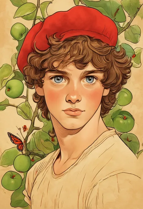 boy portrait，exaggerated expression，red beret，undressed shirtless pantless barefoot, fitness tonned detailed body, Long curly hair，apple，Butterfly，Tree，clean background，hand drawn style，，pencil drawing，cute，smooth lines，clean screen