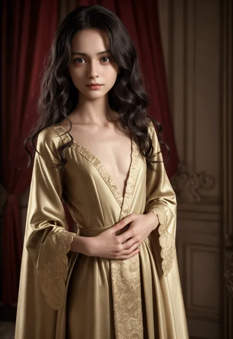 In a rococo bedroom、(full body, flat!!! tiny!!! chest), ( girl), very young!!!!!!! face, wears a green open!!! robe, dark brown eyes, seductive smile, anorexic!!!!!!!!!, emaciated!!!!!!!!!!!!!!!!, very skinny!!!!!!!!!!, (very short!!!!!!), tiny!!!!!!!!, Hi...