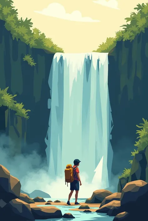 A person walking through a tourist place and finds a waterfall and the drawing is minimalism or cubism
