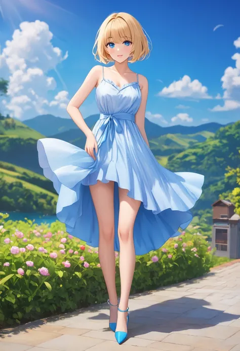 8k, arms behind back, full body, slim figure, flat bust, 1 female model, sparkling blue eyes，high-heels，seductiv，Charming, wearing a light summer dress, short blonde hair, bob cut,
