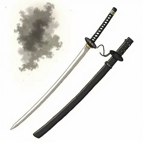 Katana with a long, sinuous blade with a design reminiscent of the claws or edge of a predator, kanji symbols written on the blade with the names: storm clouds lightning ice and war,, sword guard adorned with a cloud-shaped pattern in the style of Bleach&#...