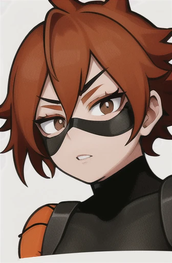 horikoshi kouhei, adult woman, round face, brown almond shaped eyes, long lashes, auburn medium hair, spiky orange left side bang hair strand, black bodysuit with orange details, long sleeves, black eye mask, white background, jewerly, boku no hero academi...