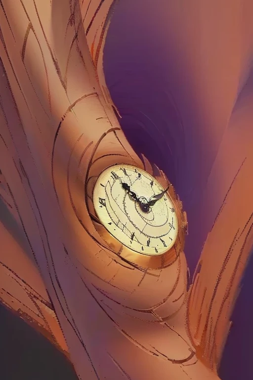 there is a drawing of a clock on a tree branch, caught in the flow of time, the flow of time. complex shapes, time vortex in the background, low detailed. digital painting, animation still, spiral clock, time warping, animation film still, closeup view, il...