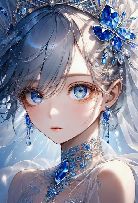 A stunning, super close-up image of a beautiful, intricately detailed crystal blue female eye, mascara-lined eyelashes, framed by delicate blue tulle wrapped gracefully around her head. ((The highlighted eye shines with depth and its color matches the subt...