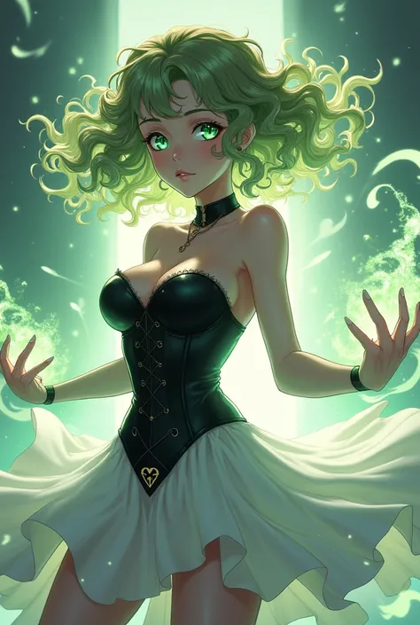  anime with curly hair and green eyes and wearing a black corset with a white skirt, and using powers