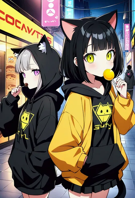 a girl in a black hoodie eating a cookie, lollipop, cyberpunk anime girl in hoodie, wearing a black hoodie, black hoodie, wearing a yellow hoodie, dressed black hoodie, wearing an oversized hoodie, girl wearing hoodie, oversized hoodie, boy with cat ears a...