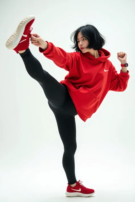 live-action、Real、Beautiful Japanese women like Minami Hamabe、red nike hoodie、Shorts、Red G-Shock、Nike red sneakers、Thigh-high tights、Black Hair、Short Bob Hair、Hair blowing in the wind、Flying knee kick、Dynamic pose、Dynamic facial expression、profile、White bac...