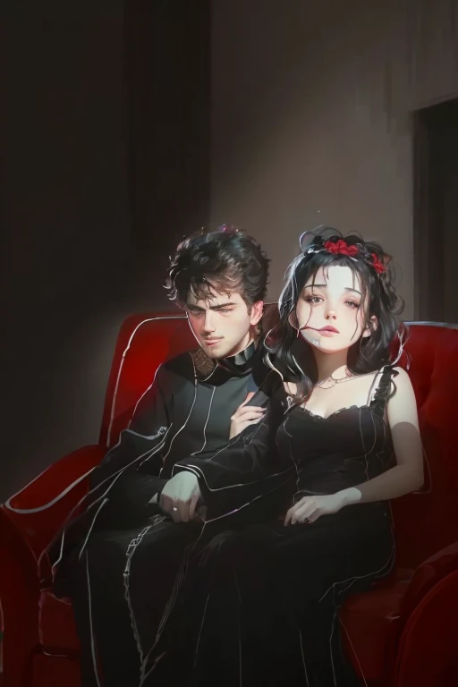 arafed image of a couple sitting on a red couch, blurry and dreamy illustration, drawn in a neo - noir style, official fanart, very very creepy, couples portrait, rotoscoped, by Martina Krupičková, blurred and dreamy illustration, by Relja Penezic, couple ...