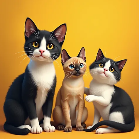 Cats in art，1 tuxedo cat, Black and white cat, 1 Siames cat, Cute furry, staring right into camera, Narrow eye grooming、leisure, Golden yellow background，Artistic sense，complex，Warm style，Abstract cat，Playful，Elegant work，Coating texture，Smooth paint，Fabri...