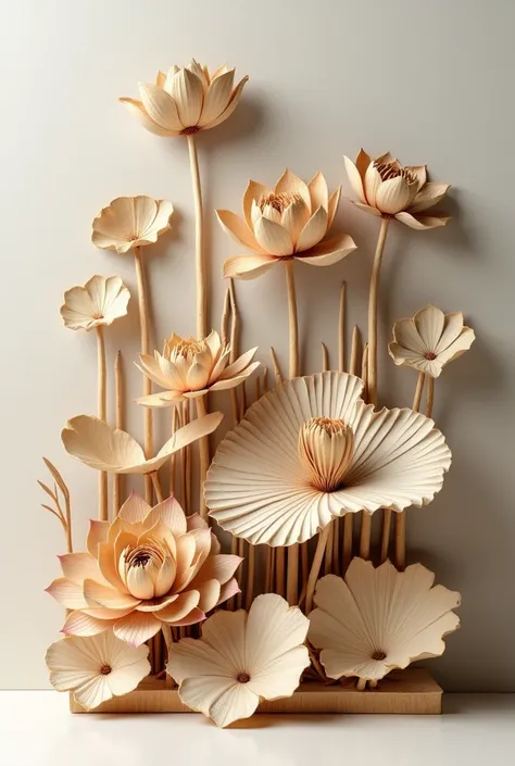 3D design of lotus flowers and leaves made from wooden chopsticks and ice cream sticks.