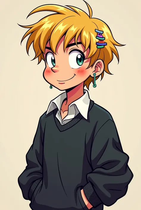 Make a 2000s style character(teenage man) cartoon animated, with blonde hair and bangs wearing small hoop earrings and wearing a collared dress shirt and a black sweatshirt, You can put whatever accessories you want in your hair. I want the 2D cartoon styl...