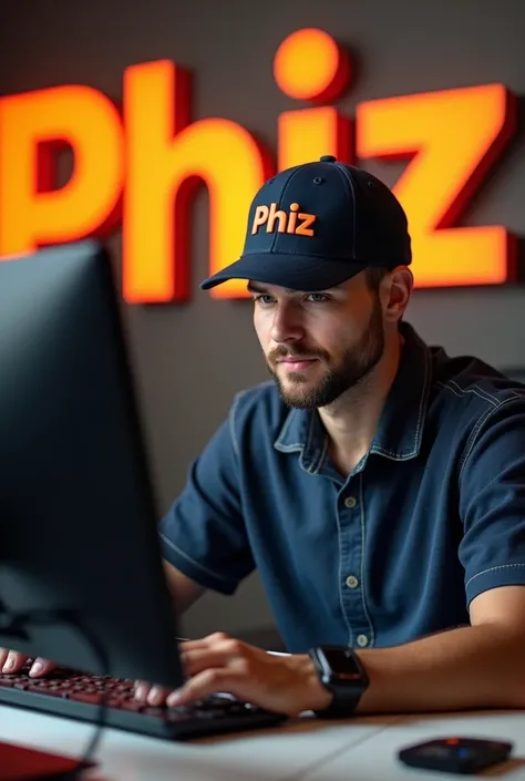 Create a man with a company cap written on it "Phiz" In the cap, on a wall a logo of a company called "Phiz" This logo needs to be orange. This man is sitting at the computer fiddling with a mini program.