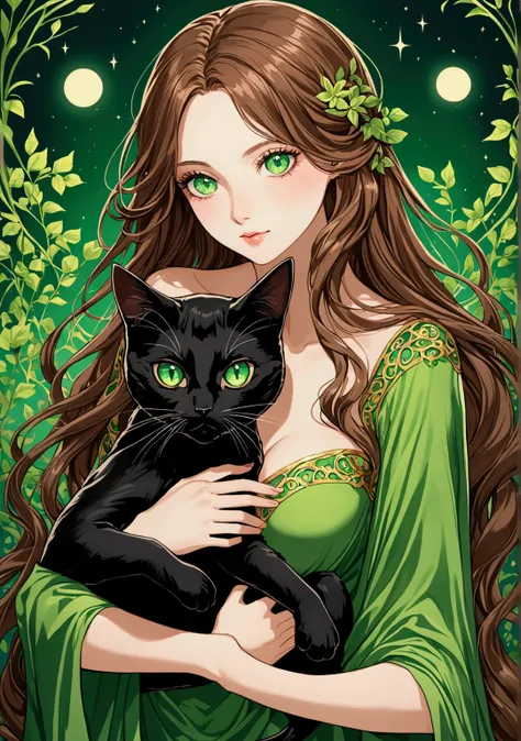 Green eyed girl with long eyelashes, Long wavy brown hair, straight body with slightly large breasts and a square body and in her arms she carries two black cats with green eyes