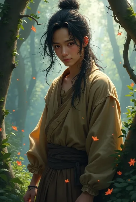 man, peasant, long hair tied up, sloppy, high, Alaude, medieval, Fantasy, magic, brown clothes, Young, Asian, 20 years