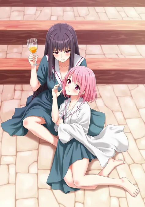 3D anime semi real style, a beautiful woman is sitting cross-legged and hugging the shoulders of another beautiful woman.
One, right hand holding a wine glass, the left hand lovingly hugging the shoulders of the woman wearing a skirt suit.
The beautiful fa...