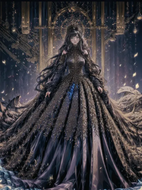 (lira stands in the center of a moonlit garden, her presence captivating in a luxurious black victorian gown. the dress, made of...