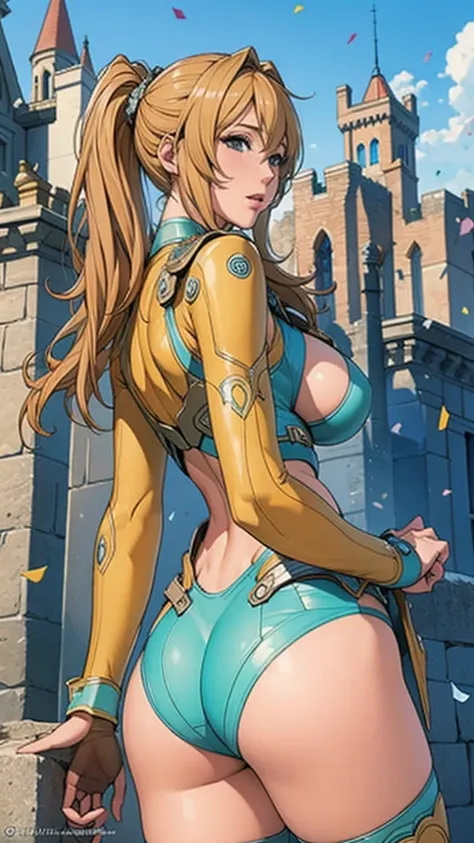 Best Quality, Official Art, masterpiece, Textile Shading, High resolution, Very detailed, colorful, Best details, Fantasy, Combat Uniform,1 female, 2, A castle town with an old castle view, sunny,Messy Hair, Large Breasts, skinny,Surrounded by a lot of peo...