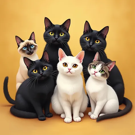 Cats in art，1 Birmania Siames cat, 1 Black and white cat, 1 totally black cat,  1 totally whithe cat, 1 european cat gray black an brown,Cute furry, staring right into camera, Narrow eye grooming、leisure, Golden yellow background，Artistic sense，complex，War...