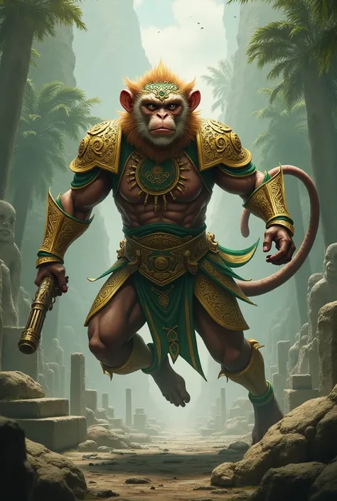 The image appears to depict a mythological character, possibly inspired by Hanuman or other figures from Hindu and Southeast Asian mythology, dressed in ornate armor and holding a pistol. The figure has a strong, athletic build with intricate gold and gree...