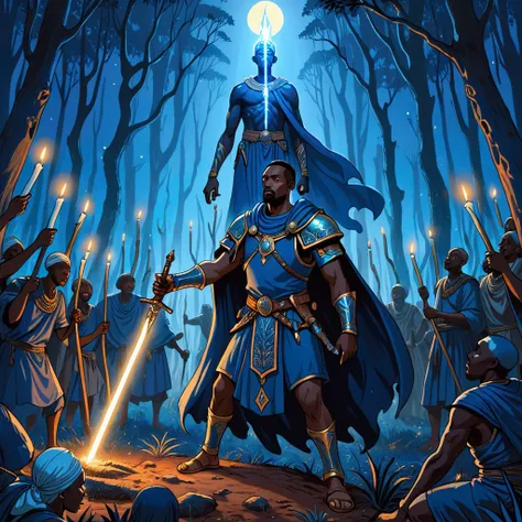 Illustration of a strong lit African man with dark blue African clothing and armor, holding a sword of light, knocking down to the ground a spirit of a dirty and ugly old man, dark, around thousands of blue candles, in the middle of a virgin forest on a mo...