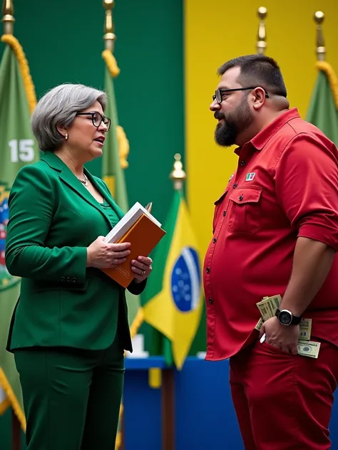 two candidates for mayor, a woman all in green with short gray hair wearing glasses, the other candidate is fat and white with a goatee, brown hair, wearing glasses, also wearing red clothes. The two are on stage in a debate. The background colors are gree...