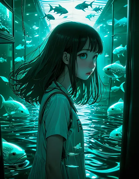 Surreal horror, Anime Style, Supervised by Junji Ito, High Contrast, Vibrant colors, Spooky atmosphere, psychological tension, Complex line drawing, Weird talk、Horror elements、A huge aquarium in the background