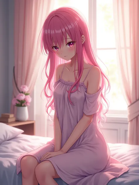 An anime-style woman with pink hair, sitting on the edge of a bed with her hands resting on her knees. She wears a delicate nightdress, and her expression is soft and shy, with her eyes slightly downcast. The room is softly lit, with pastel-colored decorat...