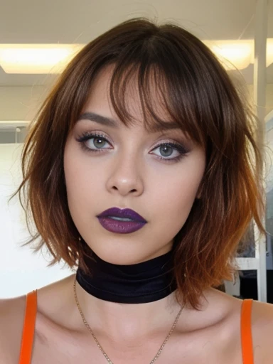 Guapa morena en vestido oscuro un autophoto (has black) (in a school), autophoto, Low cut, very detailed, (huge breasts: 1.0), (with neckline), (teenage woman), (black makeup) (purple painted lips), innocent face, short hair, (orange hair), blue eyes, high...