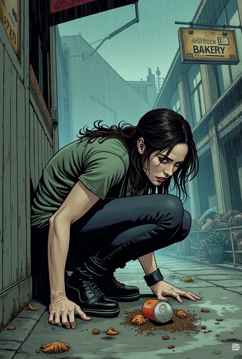 Katniss in front of a bakery in District 12 looking for food on the ground and in the trash in the rain comic drawing