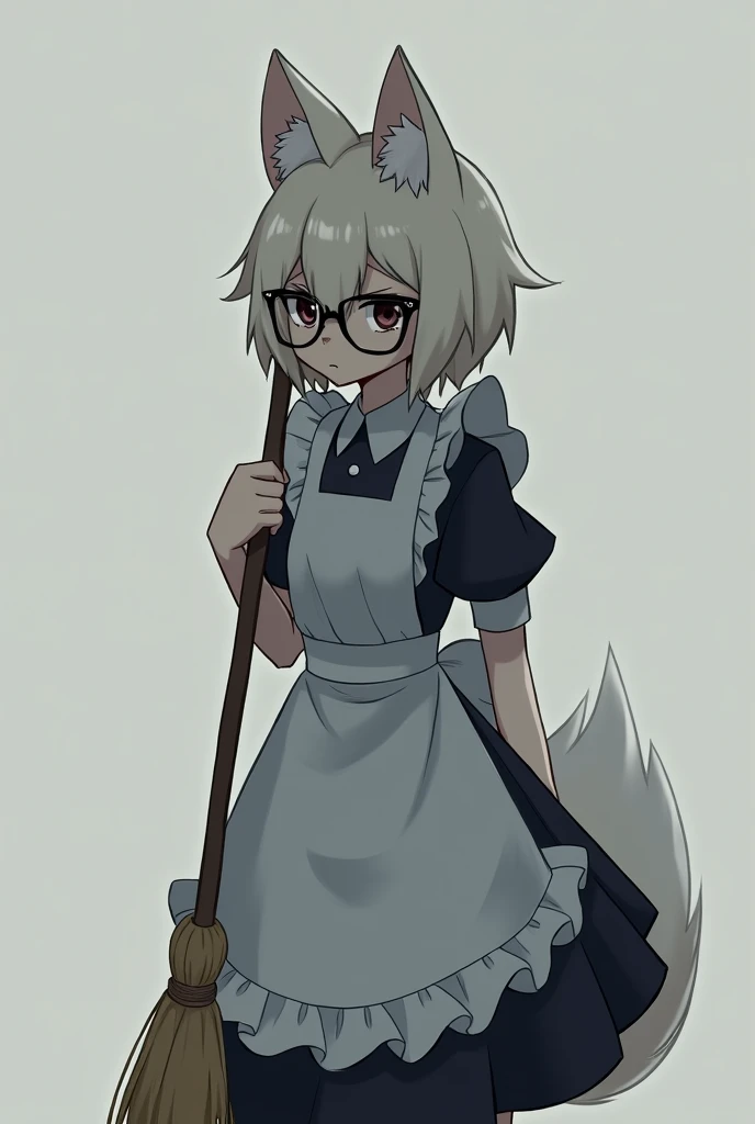 A teenage furry with glasses, husky dressed as a maid holding a broom looks down sadly, serious anime style