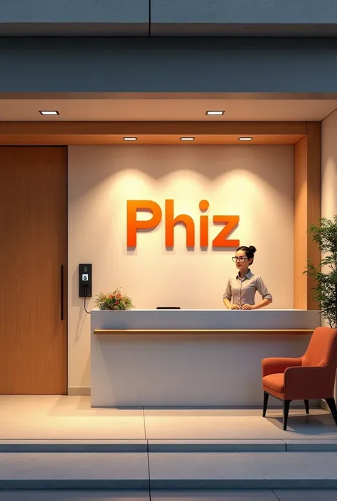 Create a beautiful storefront with a reception area with two chairs and an intercom on the wall to enter the business., the company logo "Phiz" It&#39;s on the big wall behind reception, the reception has a counter with two office chairs behind the counter...